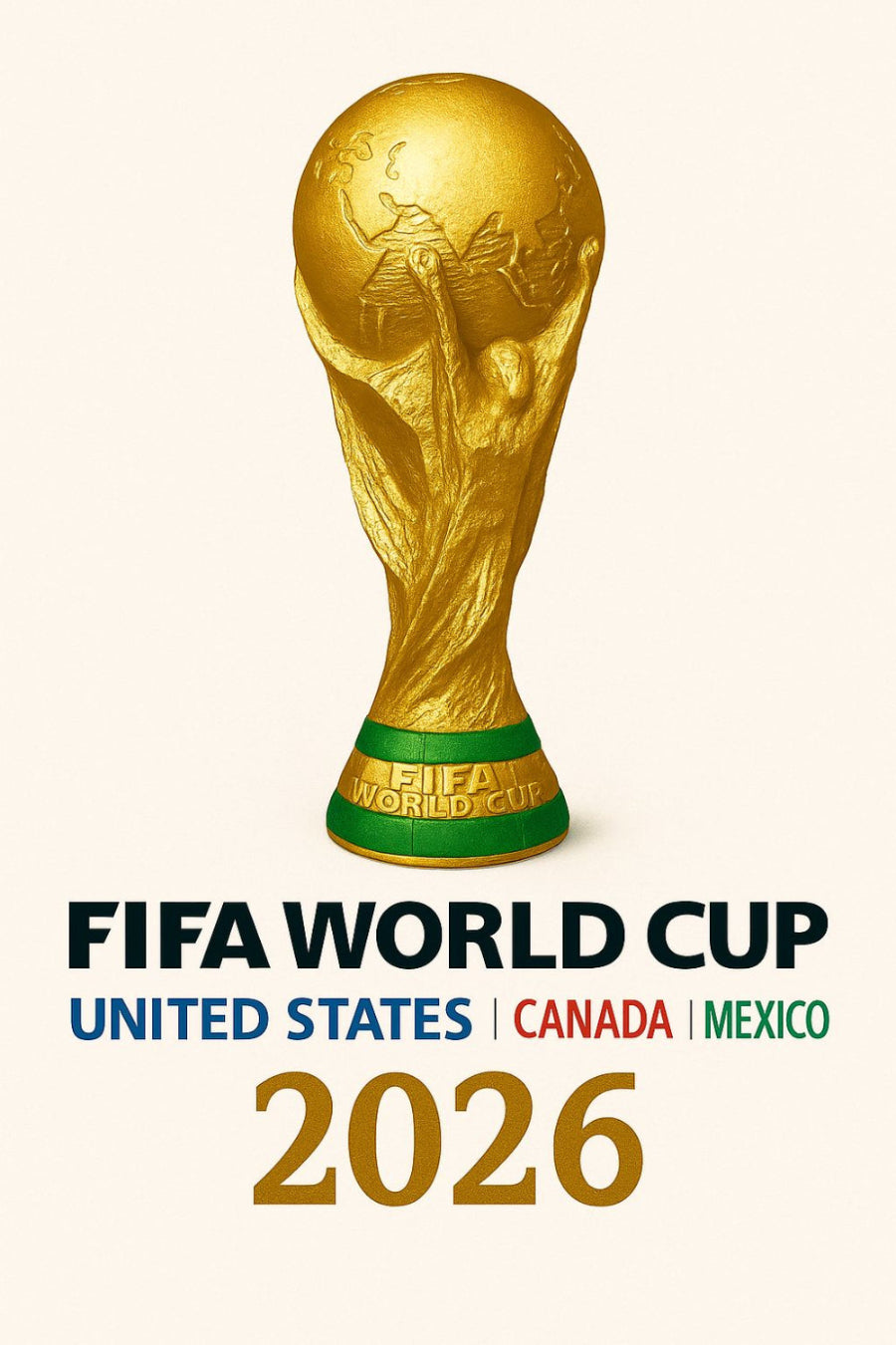 FIFA World Cup trophy with 2026 hosting text on a white background